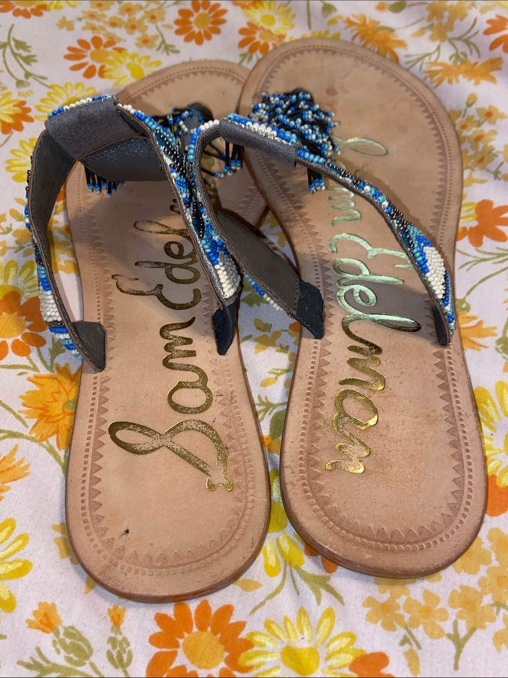 BLUE TRIBAL BEAD FLIP FLOPS SANDALS Sam Edelman Fringe Tassel BOHO Festival - Picture 5 of 7